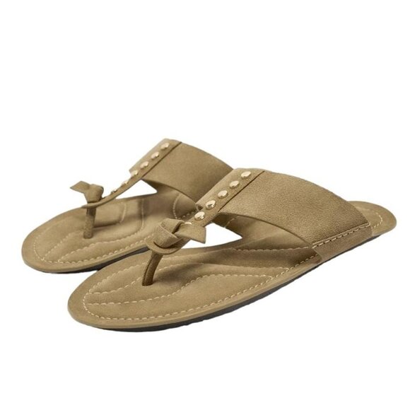 ZARA FLAT SPLIT SUEDE SLIDER SANDALS WITH STUDS Beige SIZE 10 | 1631/110/102 - Picture 2 of 9